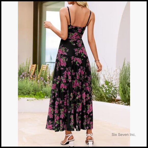 Mesh Spaghetti Strap Maxi Dress Floral Boho Beach Wedding Guest - Picture 6 of 7